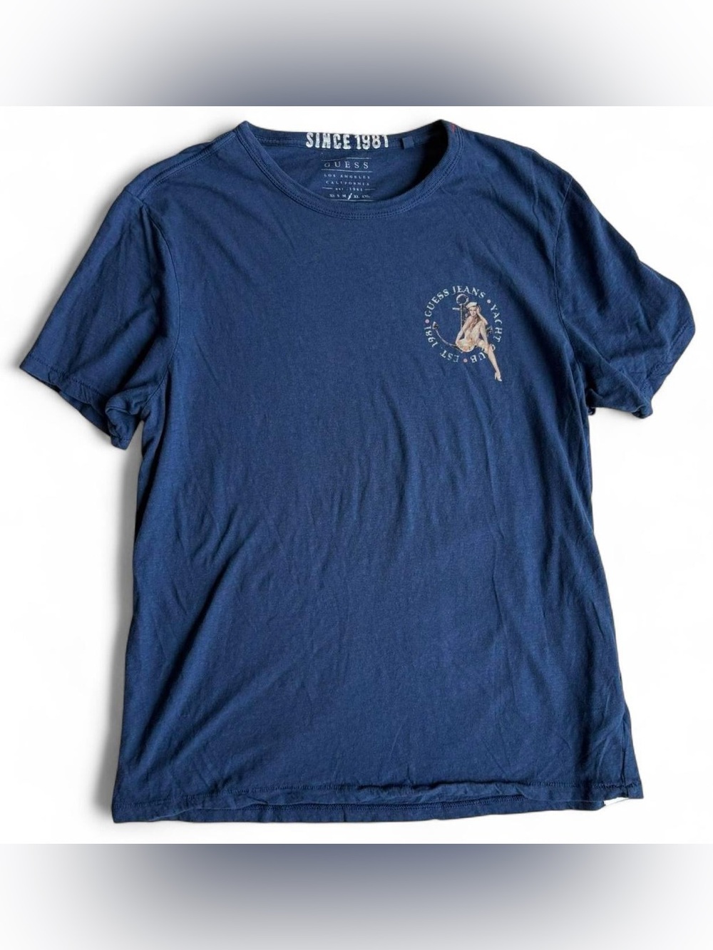 Guess Cotton & Linen Dark Blue Pin Up Girl Vintage-Style Graphic T-Shirt Size L